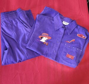 Get Lucky USA Red Hat Society Purple Shirt Capri Set L Embroidered Cotton VTG